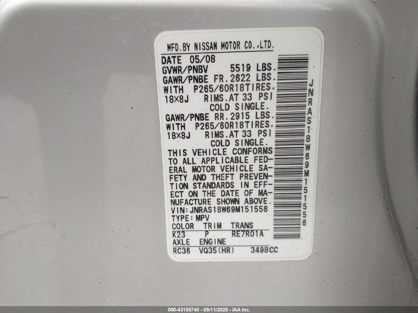 2009 Infiniti Fx35 VIN: JNRAS18W69M151556 Lot: 43155740