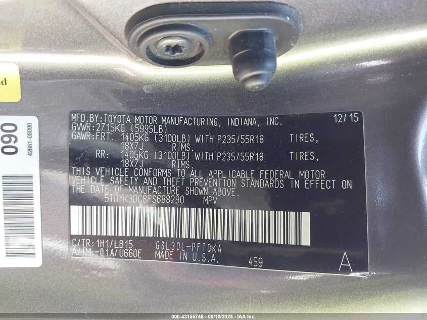 2015 Toyota Sienna Limited Premium 7 Passenger VIN: 5TDYK3DC8FS688290 Lot: 43155748