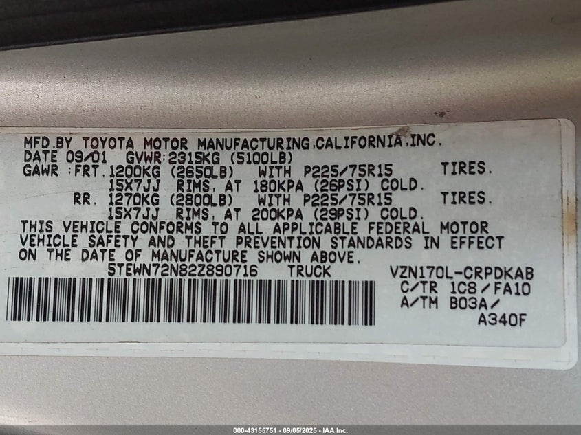 5TEWN72N82Z890716 2002 TOYOTA TACOMA photo no. 9