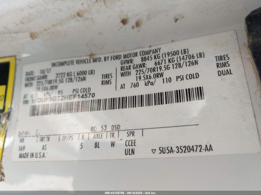 2017 Ford F-550 Chassis Xl VIN: 1FDUF5GT2HEF14570 Lot: 43155760