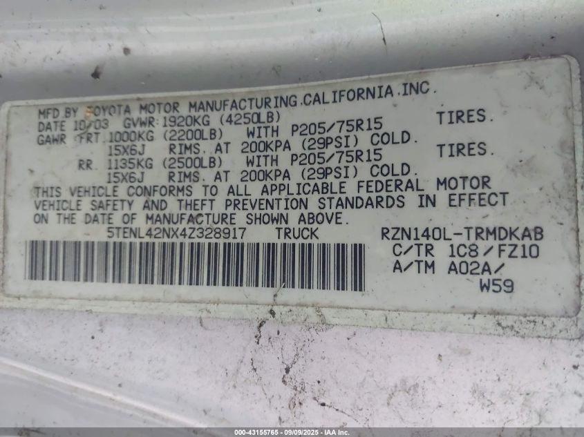 2004 Toyota Tacoma VIN: 5TENL42NX4Z328917 Lot: 43155765