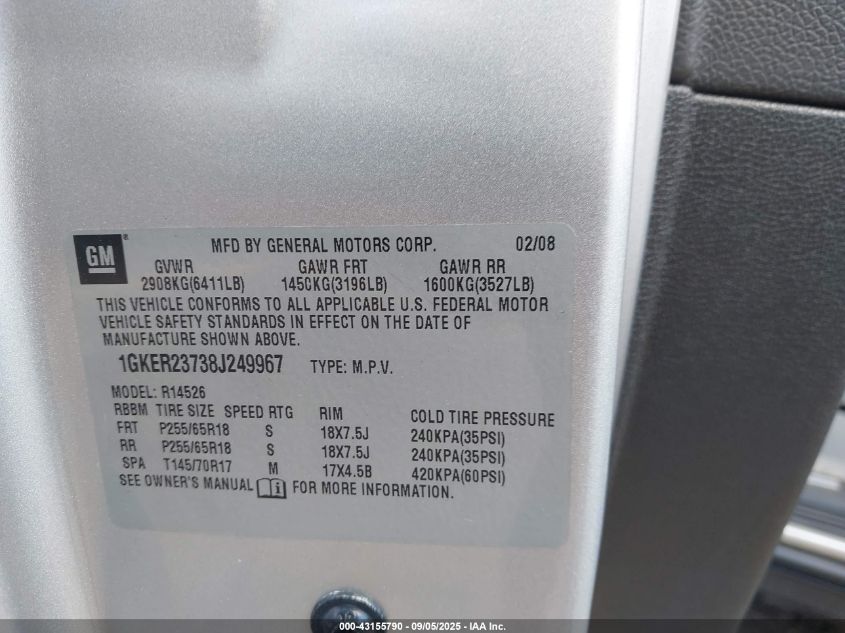 2008 GMC Acadia Slt-1 VIN: 1GKER23738J249967 Lot: 43155790