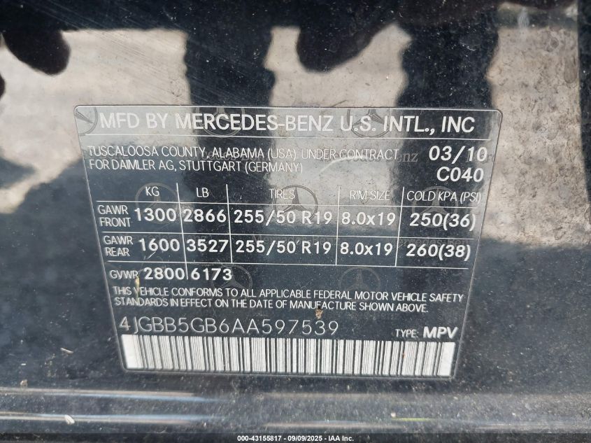 2010 Mercedes-Benz Ml 350 VIN: 4JGBB5GB6AA597539 Lot: 43155817