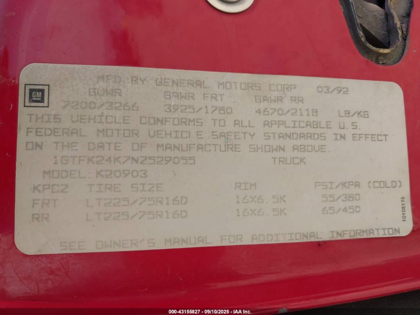 1992 GMC Sierra K2500 VIN: 1GTFK24K7NZ529055 Lot: 43155827