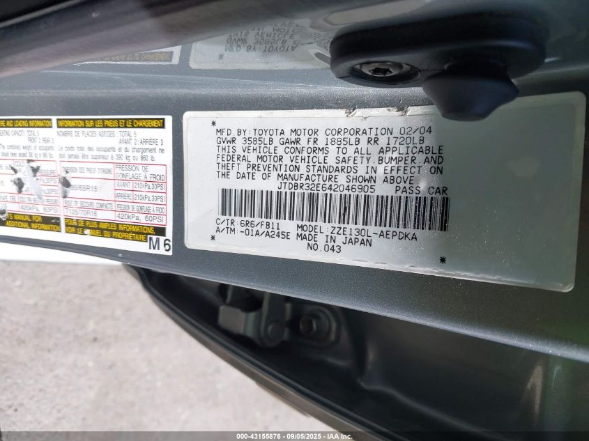 2004 Toyota Corolla Ce VIN: JTDBR32E642046905 Lot: 43155876