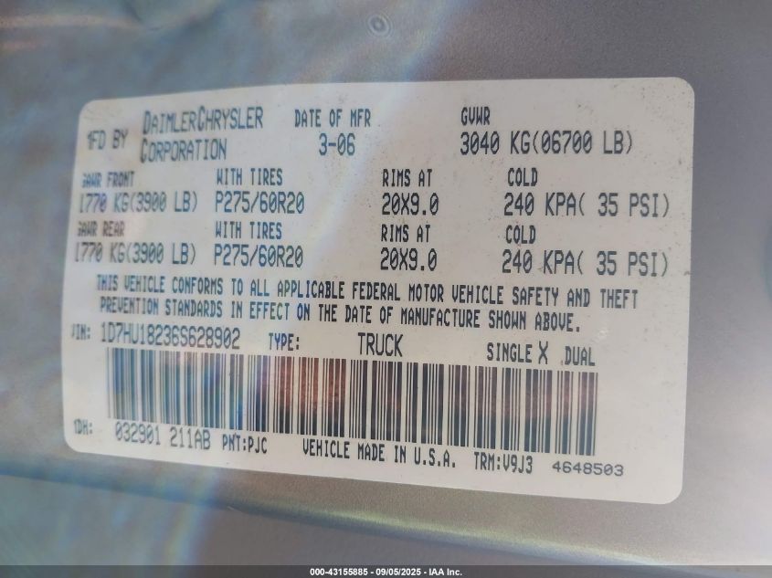 2006 Dodge Ram 1500 Slt/Trx4 Off Road/Sport VIN: 1D7HU18236S628902 Lot: 43155885