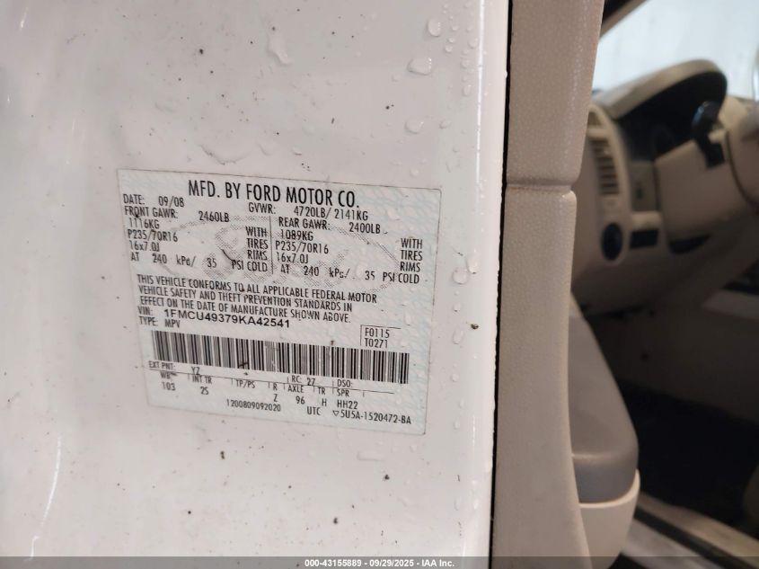 2009 Ford Escape Hybrid VIN: 1FMCU49379KA42541 Lot: 43155889
