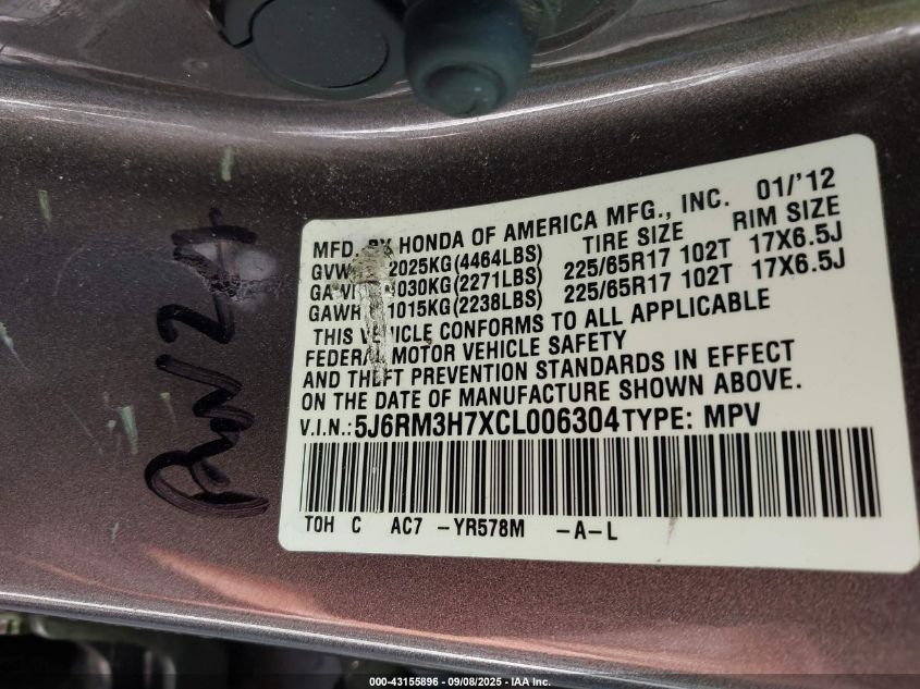 2012 Honda Cr-V Ex-L VIN: 5J6RM3H7XCL006304 Lot: 43155896