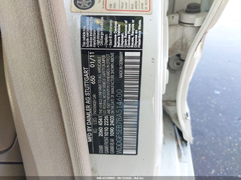 2011 Mercedes-Benz C 300 Sport VIN: WDDGF5EB7BA514600 Lot: 43155903
