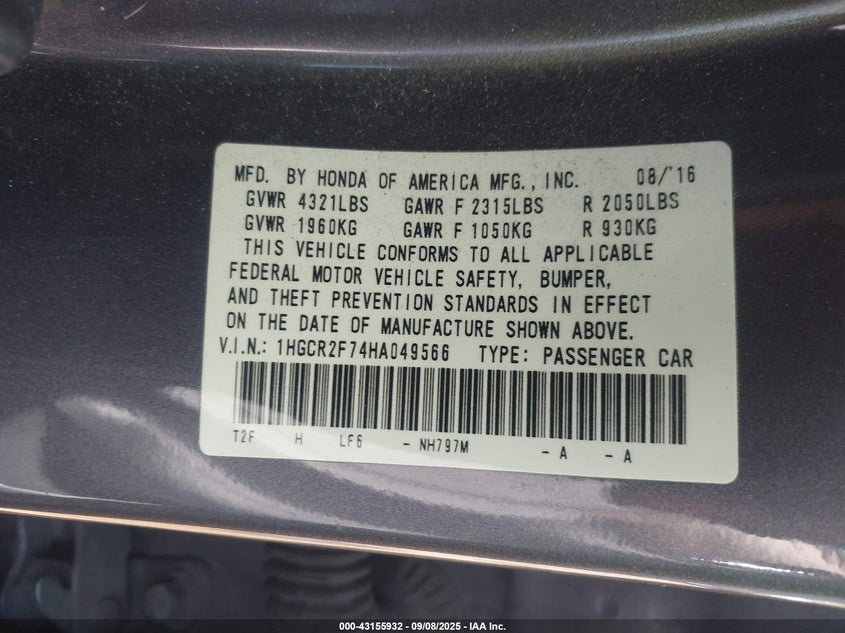 2017 HONDA ACCORD EX 1HGCR2F74HA049566