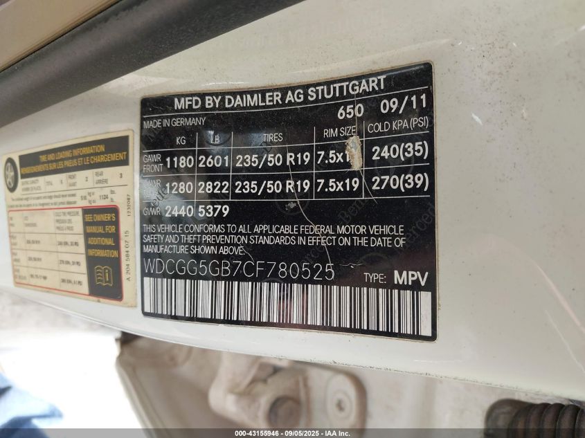 2012 Mercedes-Benz Glk 350 VIN: WDCGG5GB7CF780525 Lot: 43155946