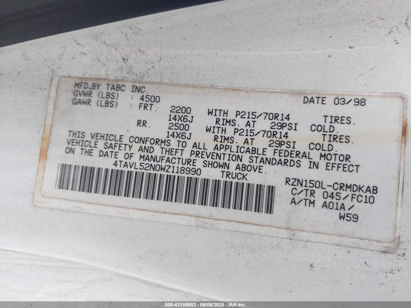 1998 Toyota Tacoma VIN: 4TAVL52N0WZ118990 Lot: 43155952
