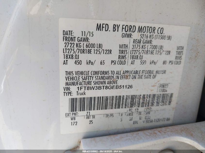 2016 Ford F-350 Xlt VIN: 1FT8W3BT8GEB51126 Lot: 43155982