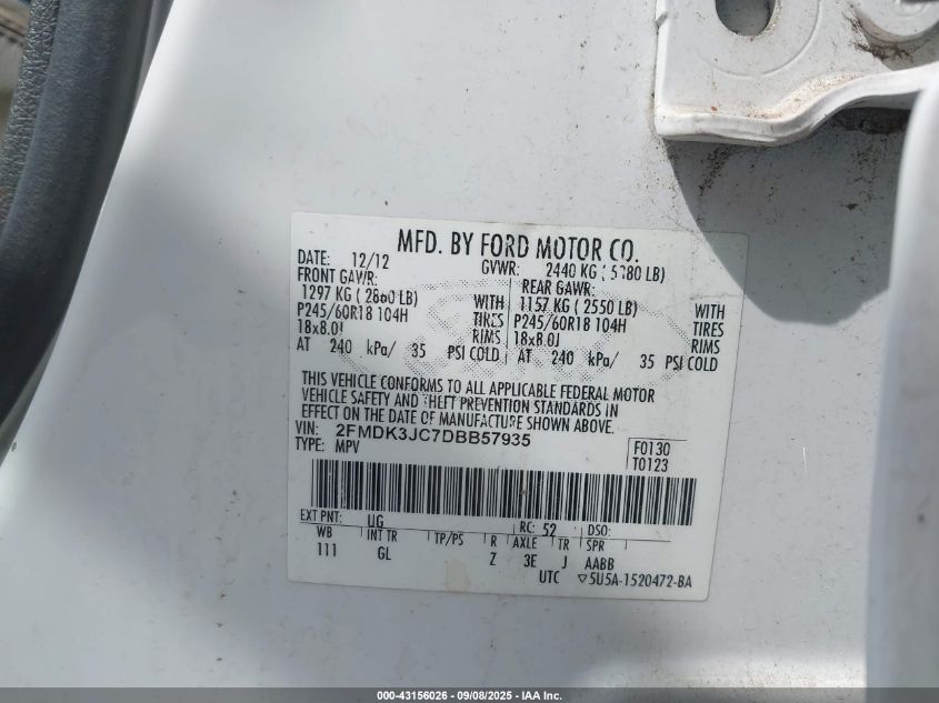 2013 Ford Edge Sel VIN: 2FMDK3JC7DBB57935 Lot: 43156026