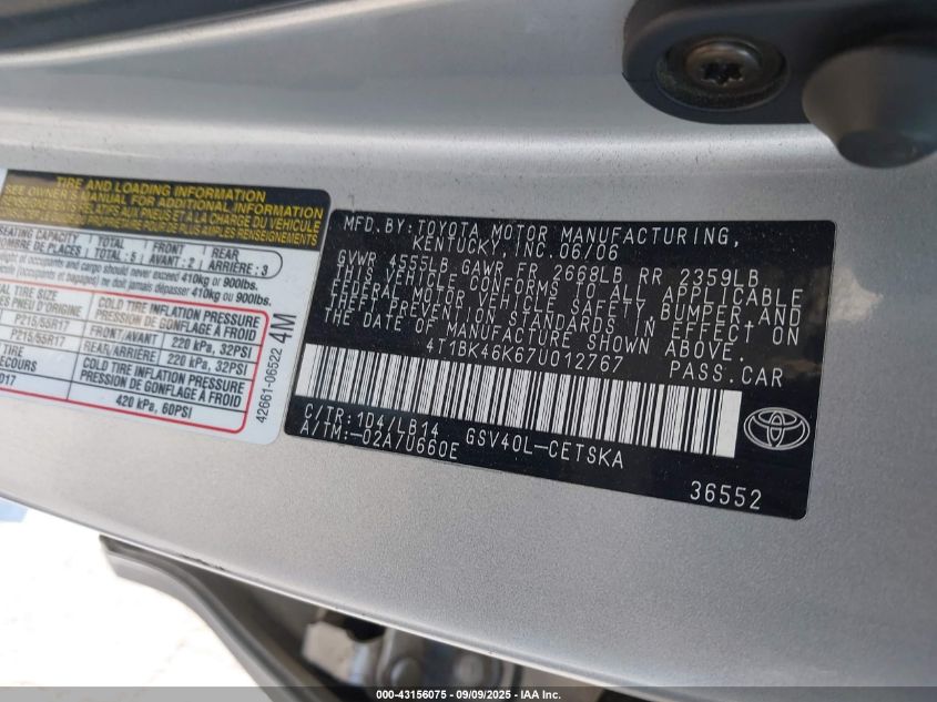 2007 Toyota Camry Se V6 VIN: 4T1BK46K67U012767 Lot: 43156075