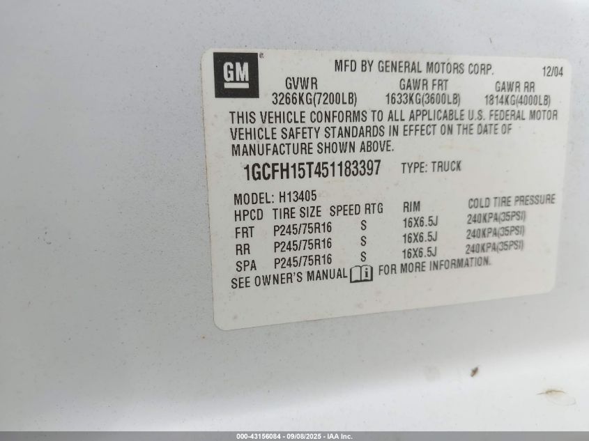 2005 Chevrolet Express G1500 VIN: 1GCFH15T451183397 Lot: 43156084