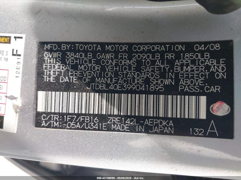 2009 Toyota Corolla Le VIN: JTDBL40E399041895 Lot: 43156098