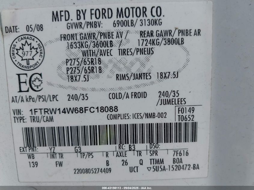 2008 Ford F-150 Xlt VIN: 1FTRW14W68FC18088 Lot: 43156113