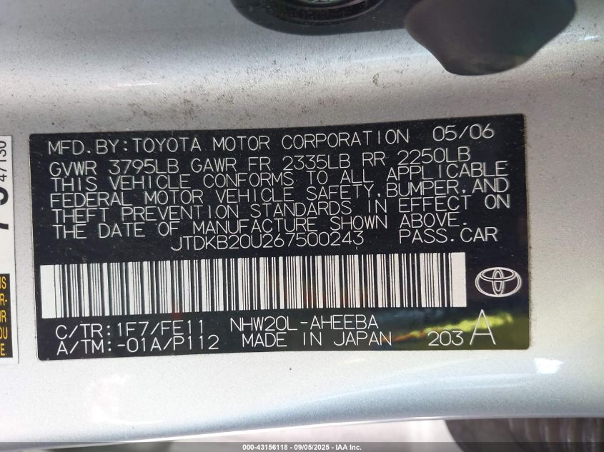 2006 Toyota Prius VIN: JTDKB20U267500243 Lot: 43156118