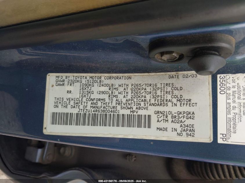 2003 Toyota 4Runner Sr5 V6 VIN: JTEZU14R638004601 Lot: 43156176