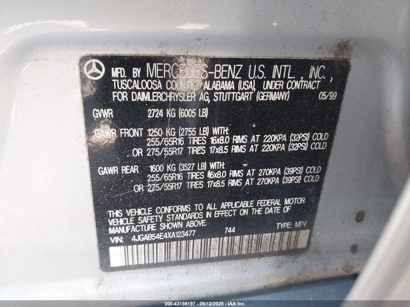 1999 Mercedes-Benz Ml 320 VIN: 4JGAB54E4XA123477 Lot: 43156197