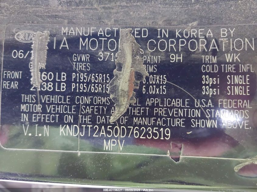 2013 Kia Soul VIN: KNDJT2A50D7623519 Lot: 43156221