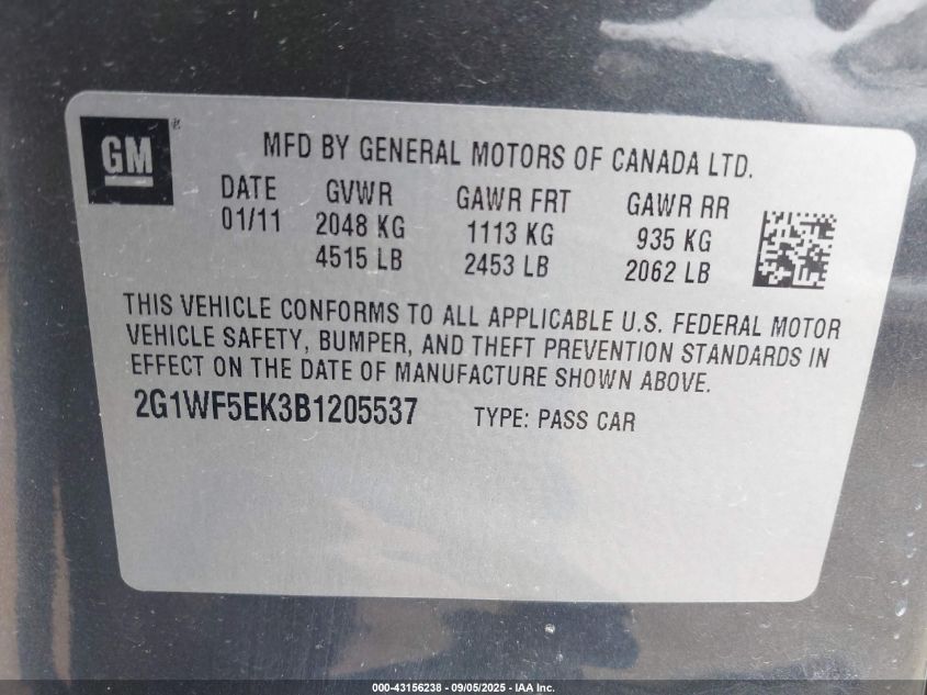 2011 Chevrolet Impala Ls VIN: 2G1WF5EK3B1205537 Lot: 43156238