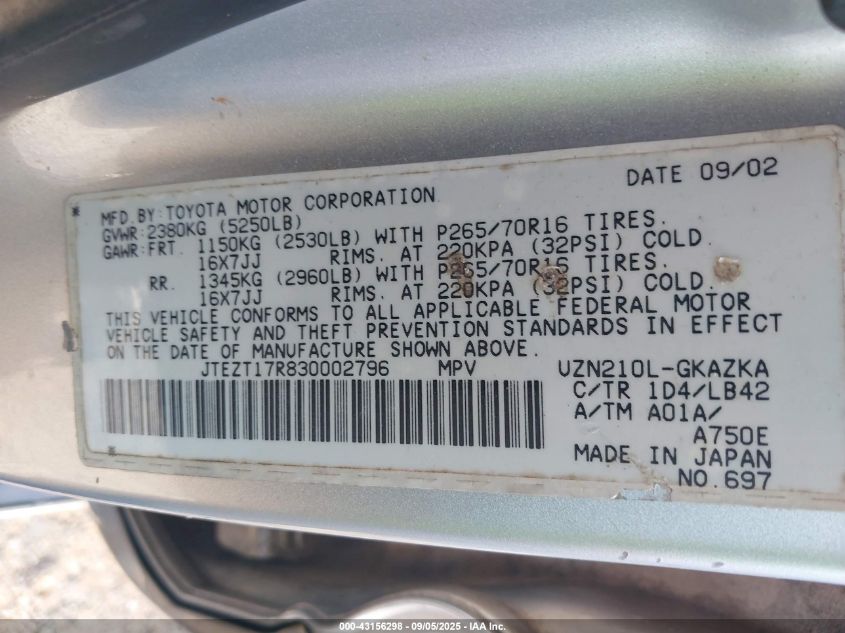 2003 Toyota 4Runner Limited V8 VIN: JTEZT17R830002796 Lot: 43156298