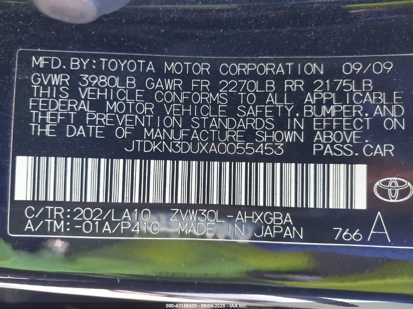2010 Toyota Prius Iv VIN: JTDKN3DUXA0055453 Lot: 43156309