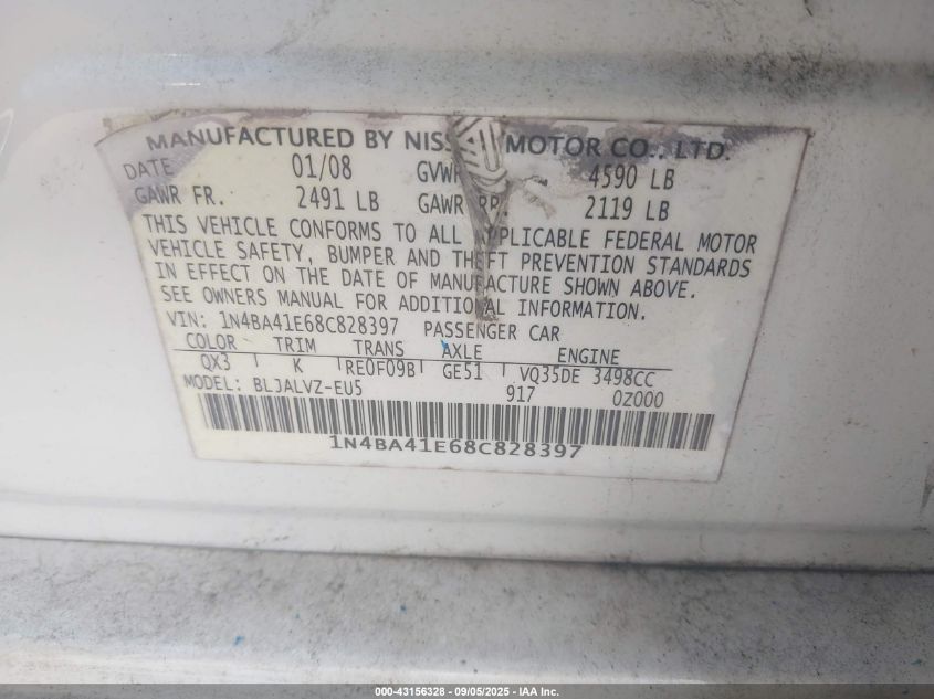 2008 Nissan Maxima 3.5 Se VIN: 1N4BA41E68C828397 Lot: 43156328