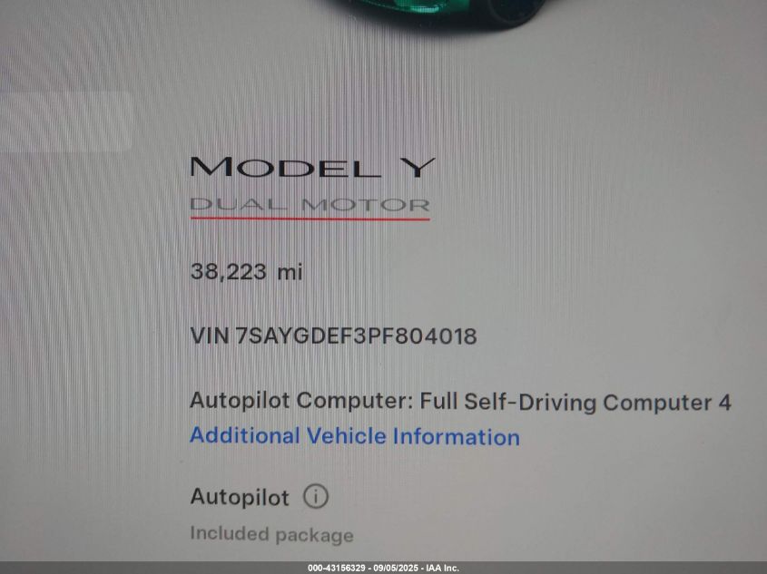 2023 Tesla Model Y Performance Dual Motor All-Wheel Drive VIN: 7SAYGDEF3PF804018 Lot: 43156329