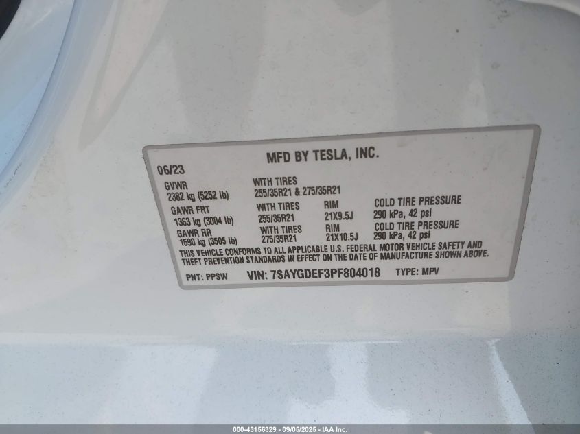 2023 Tesla Model Y Performance Dual Motor All-Wheel Drive VIN: 7SAYGDEF3PF804018 Lot: 43156329