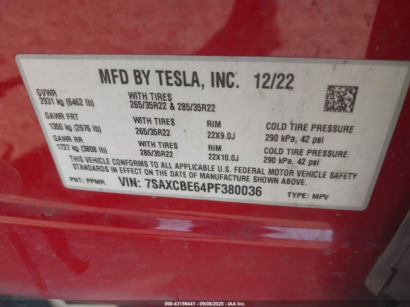 2023 Tesla Model X Plaid Tri Motor All-Wheel Drive VIN: 7SAXCBE64PF380036 Lot: 43156441