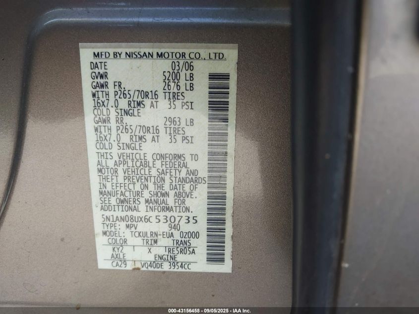 2006 Nissan Xterra S VIN: 5N1AN08UX6C530735 Lot: 43156458
