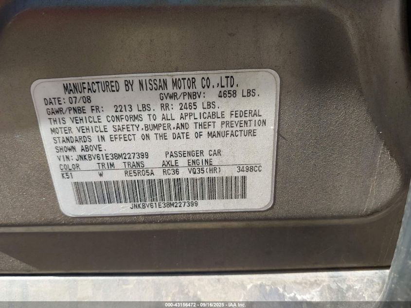 2008 Infiniti G35 Journey VIN: JNKBV61E38M227399 Lot: 43156472