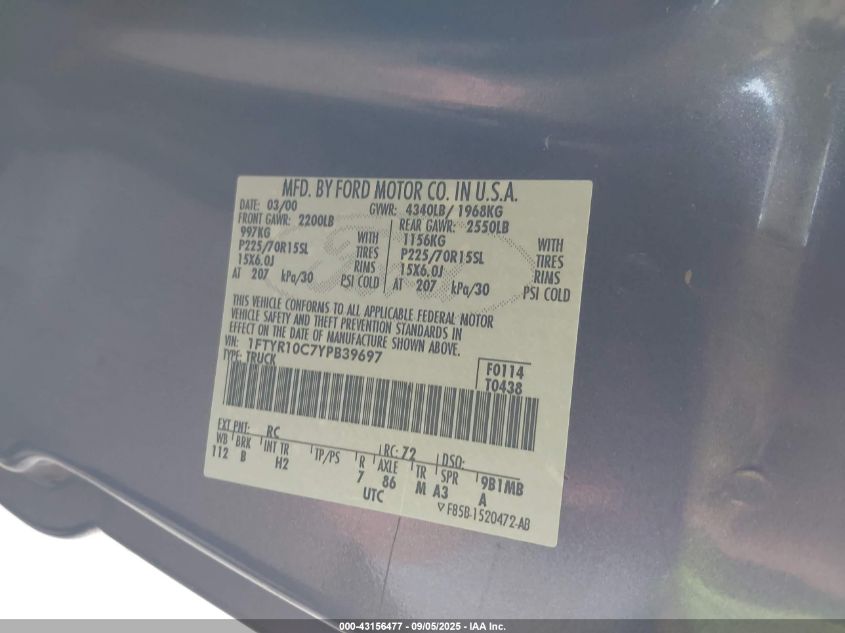 2000 Ford Ranger Xl/Xlt VIN: 1FTYR10C7YPB39697 Lot: 43156477