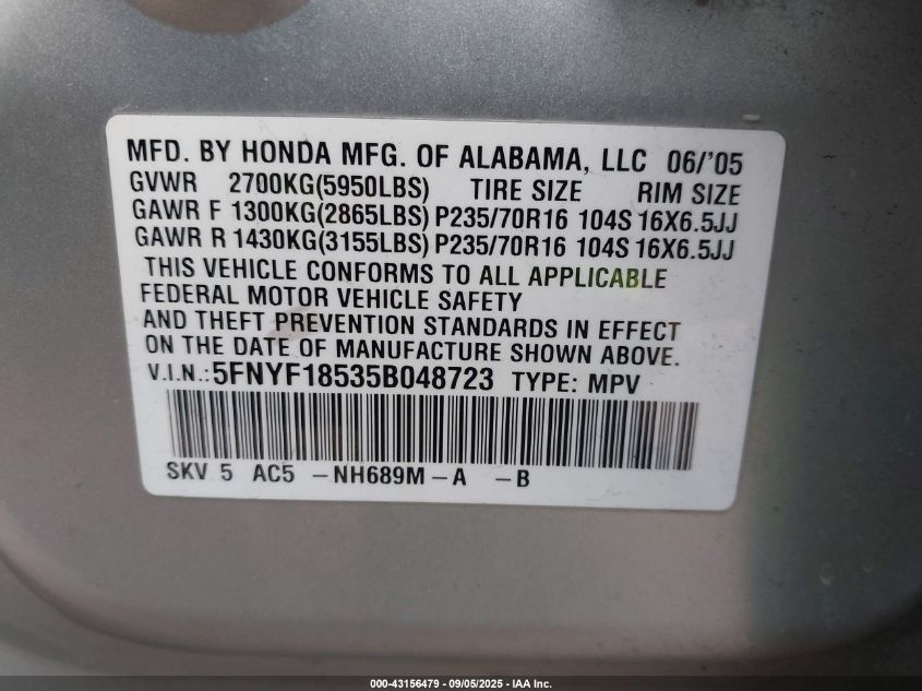 2005 Honda Pilot Ex-L VIN: 5FNYF18535B048723 Lot: 43156479