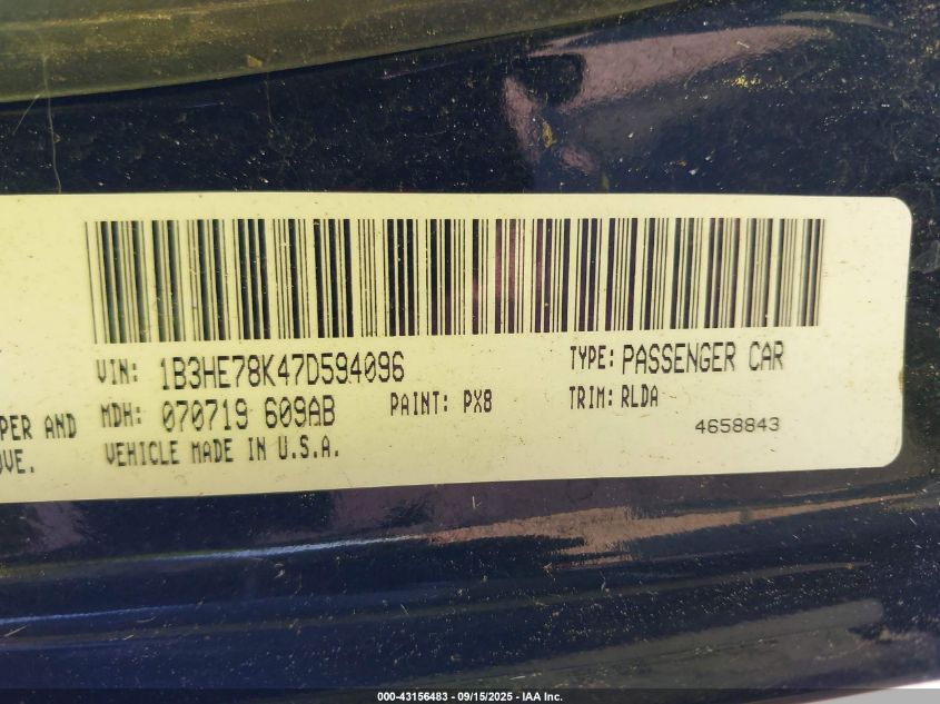 2007 Dodge Caliber R/T VIN: 1B3HE78K47D594096 Lot: 43156483