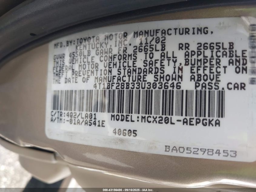 2003 Toyota Avalon Xls VIN: 4T1BF28B33U303646 Lot: 43156486