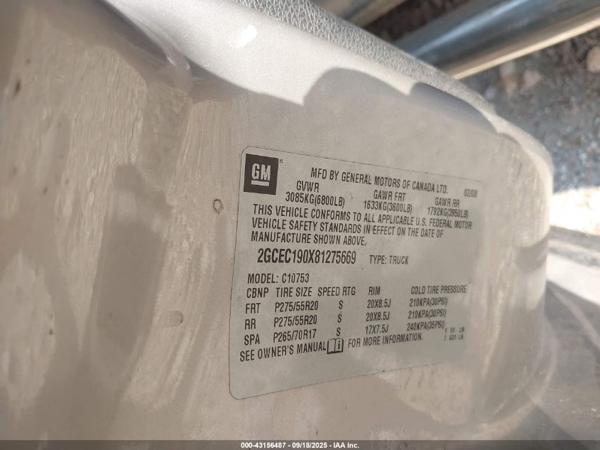 2008 Chevrolet Silverado 1500 Lt1 VIN: 2GCEC190X81275669 Lot: 43156487
