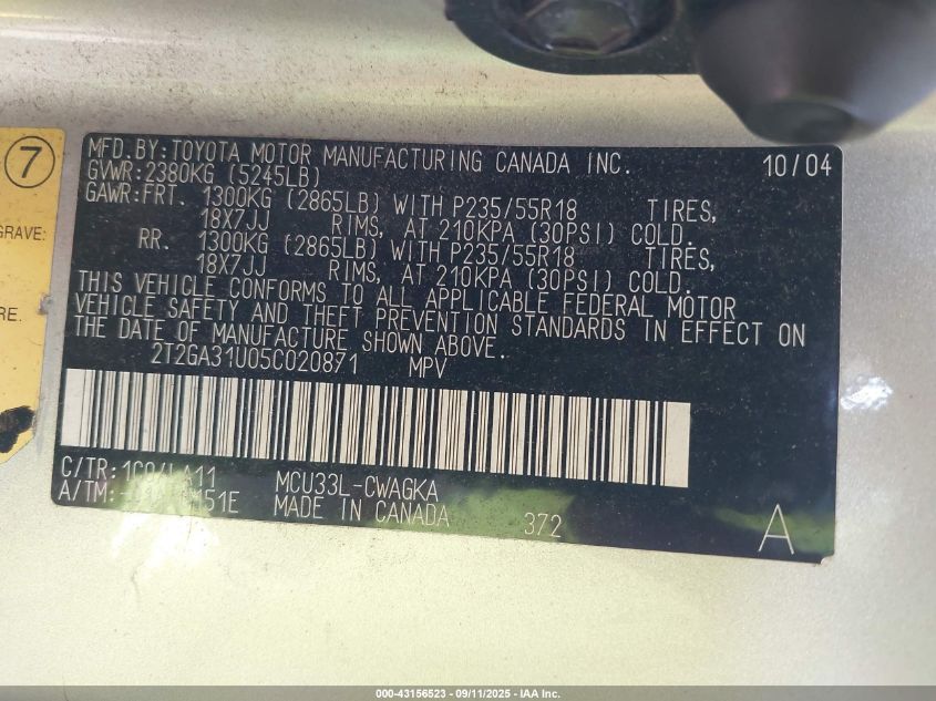 2005 Lexus Rx 330 VIN: 2T2GA31U05C020871 Lot: 43156523