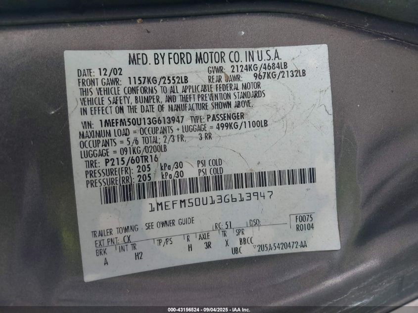 2003 Mercury Sable Gs VIN: 1MEFM50U13G613947 Lot: 43156524