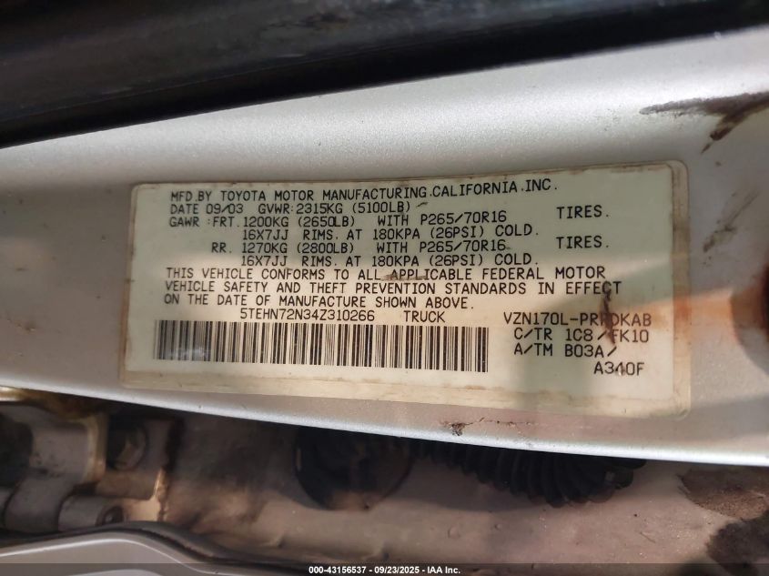 2004 Toyota Tacoma Base V6 VIN: 5TEHN72N34Z310266 Lot: 43156537