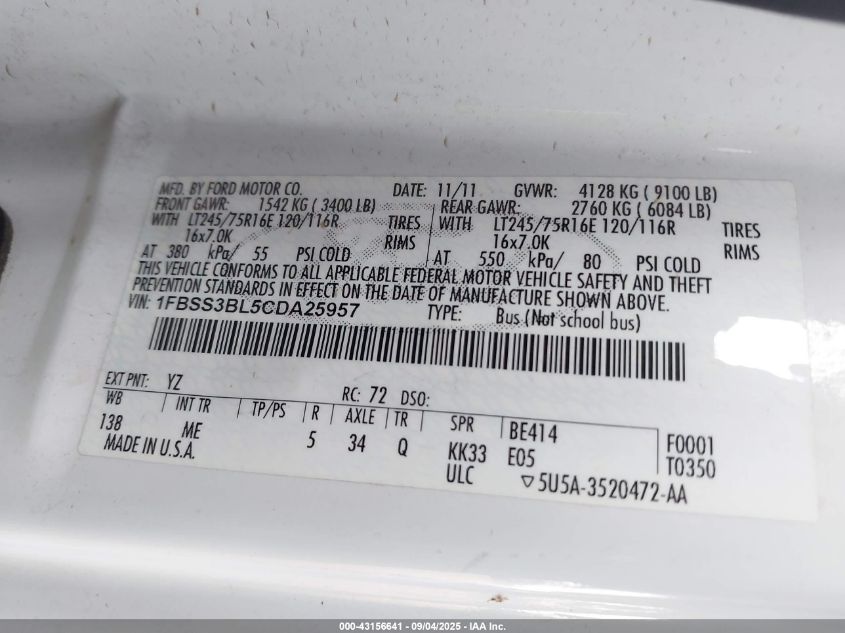 2012 Ford E-350 Super Duty Xlt VIN: 1FBSS3BL5CDA25957 Lot: 43156641