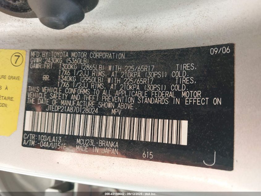 2007 Toyota Highlander Limited V6 VIN: JTEDP21A870128024 Lot: 43156642