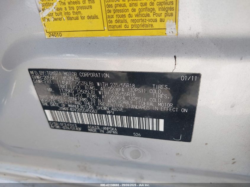 2011 Toyota Rav4 Sport VIN: JTMRF4DV2B5045062 Lot: 43156666