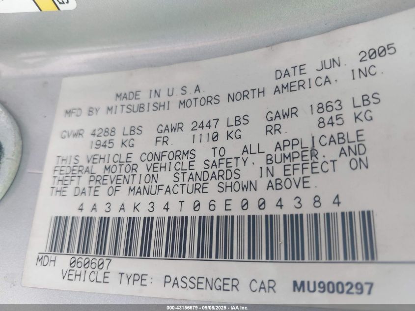 2006 Mitsubishi Eclipse Gt VIN: 4A3AK34T06E004384 Lot: 43156679