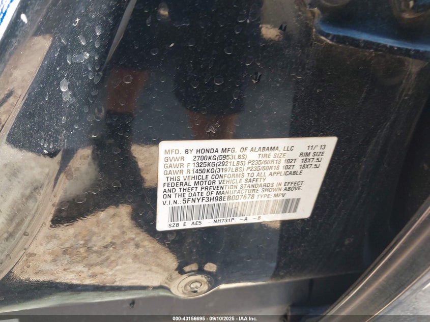 2014 HONDA PILOT TOURING - 5FNYF3H98EB007678