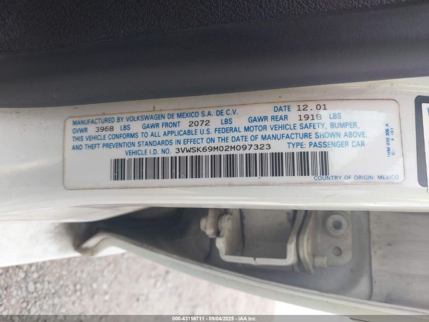 2002 Volkswagen Jetta Gls VIN: 3VWSK69M02M097323 Lot: 43156711