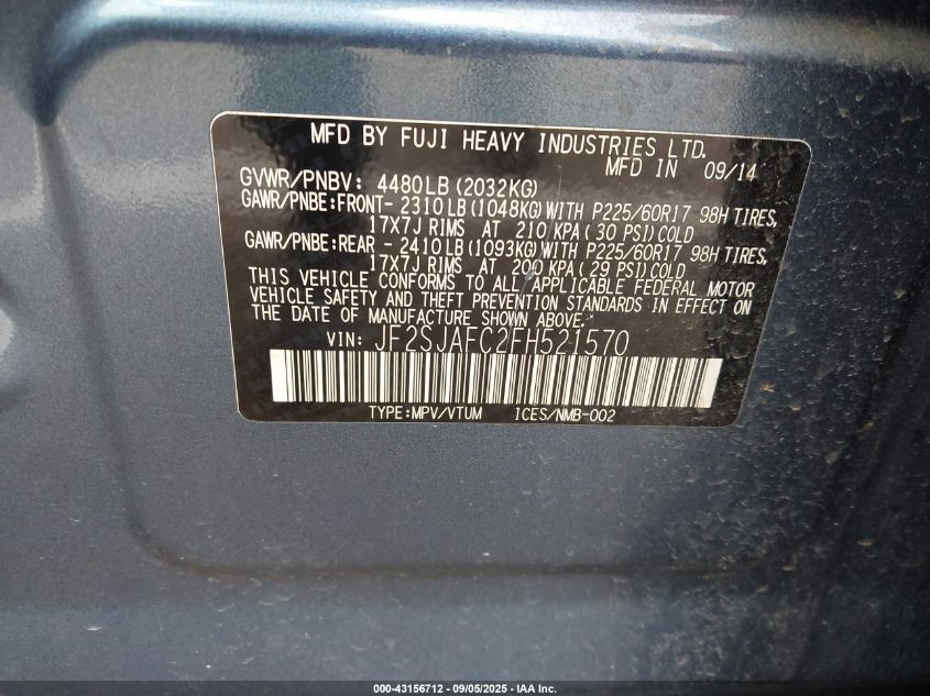2015 Subaru Forester 2.5I Premium VIN: JF2SJAFC2FH521570 Lot: 43156712
